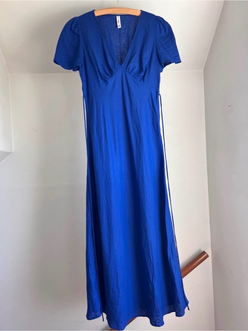 MNG Mango Maxi Dress Size Small Cobalt Blue Linen Blend V-Neck Empire Waist